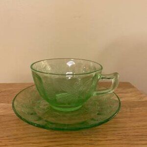 DEPRESSION GLASS GREEN CUP AND SAUCER POINSETTIA PATTERN